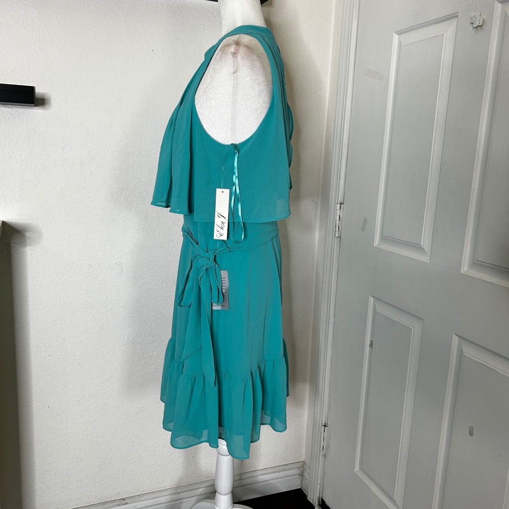 NWT Eliza J Halter Popover Mini Dress Womens 14 Turquoise Chiffon Ruffle Wedding - Picture 5 of 14